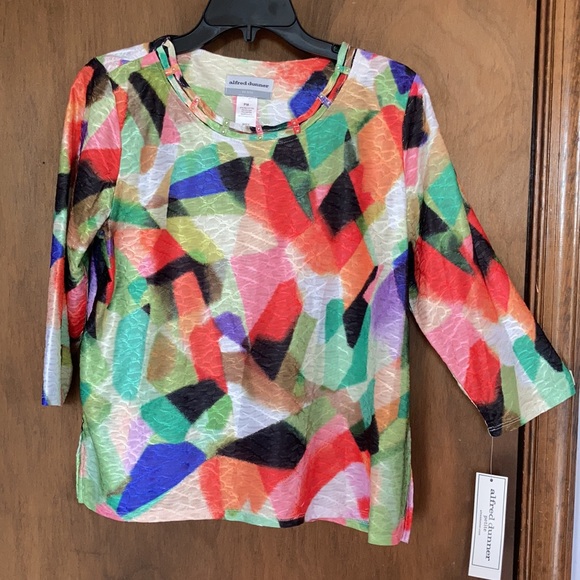 3/$45 Alfred Dunner abstract colorful print top embellished neckline casual PM - Picture 4 of 17